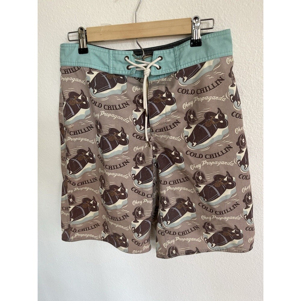 VTG OBEY Cold Chillin Boardshorts Mens Size 30 Brown Green Swim Trunks Y2K Rare